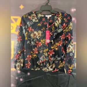 Ultra Pink Floral Blouse with Ruffle Detail - Black, Red, Yellow